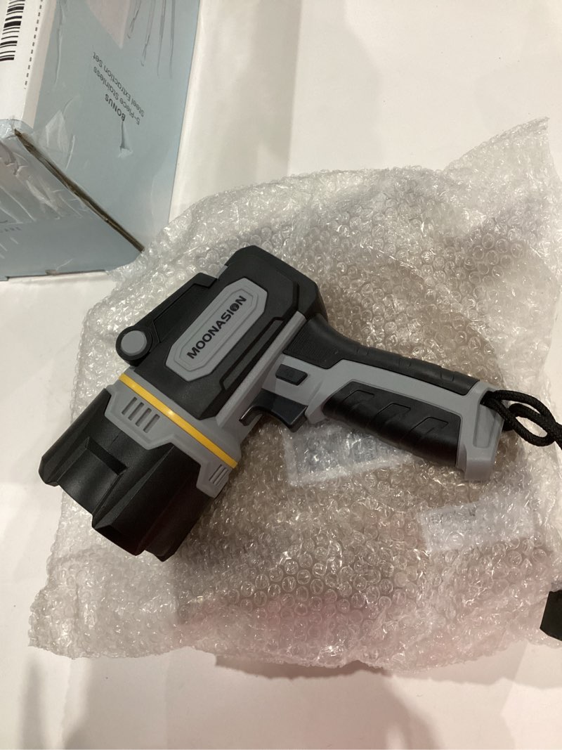 Condition photo showing Good Condition for rechargeable spotlight 1000000 lumen, super bright 9 led spotlight flashlight with cob light & foldable stand, long lasting large handheld spot light for boating camping boat marine