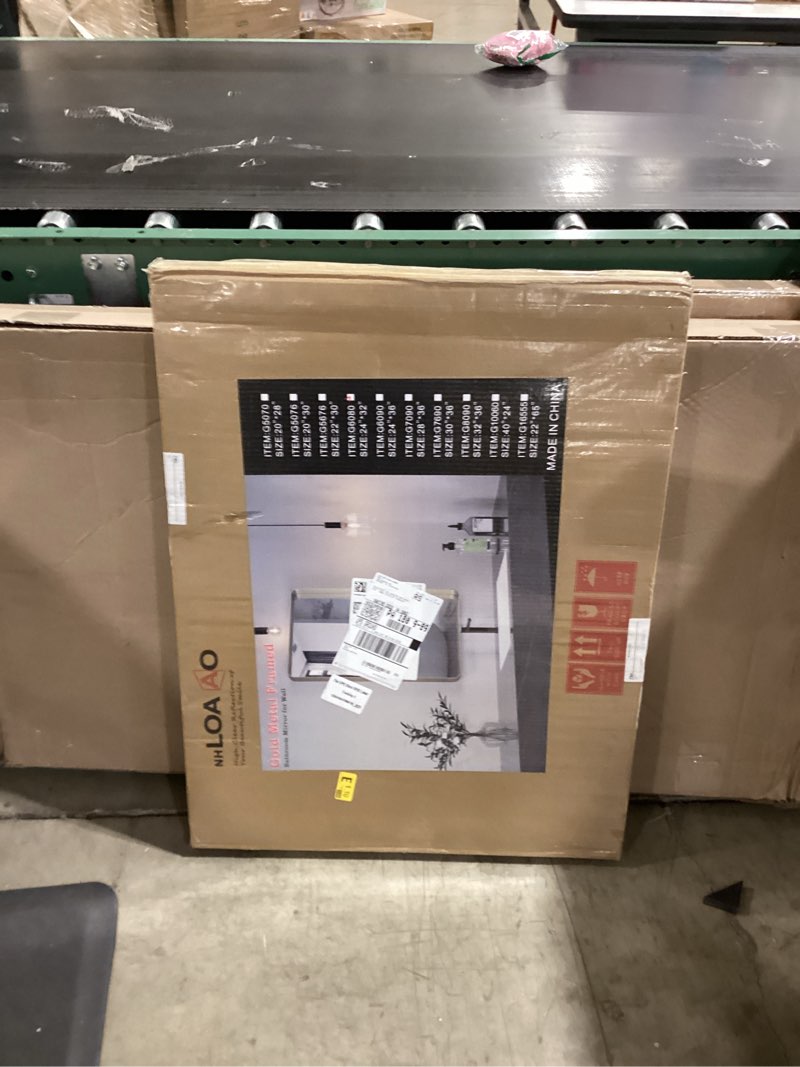 Condition photo showing New/Like New for LOAAO 24”X32” Gold Bathroom Mirror, Rounded Rectangle Gold Frame Mirror, Brushed Gold Bathroom Vanity Mirror Wall-Mounted, Anti-Rust, Hangs Horizontally or Vertically Gold 24"L x 32"W