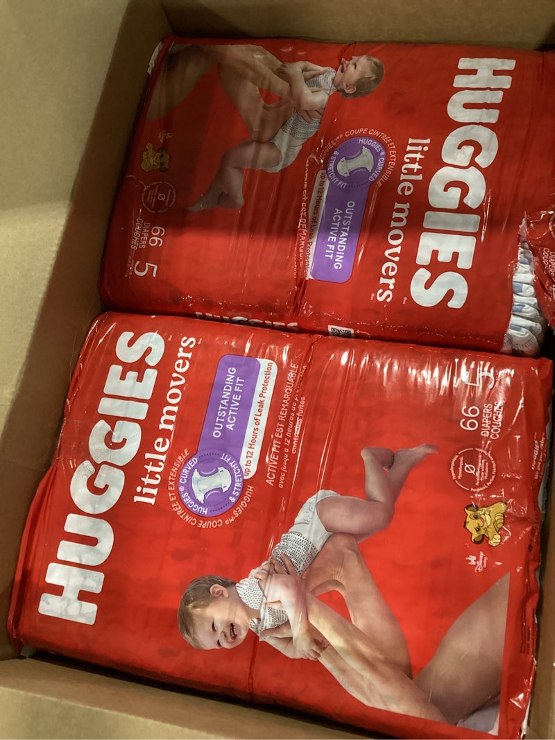 Condition photo showing Good Condition for huggies size 5 diapers, little movers baby diapers, size 5 (27+ lbs), 132 count (2 packs of 66), packaging may vary size 5 132