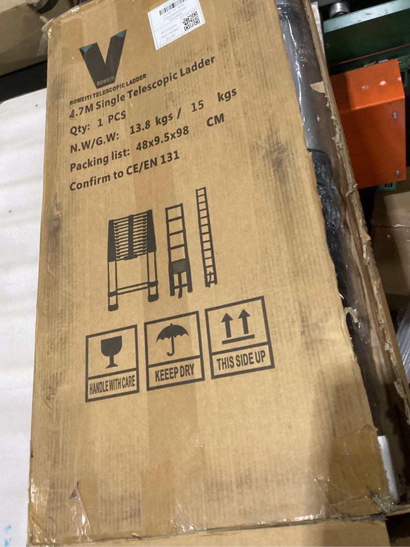 Condition photo showing Good Condition for telescoping ladders 16.5 ft aluminum ladder - one-button retraction collapsible extension ladder for home,rv,attic & loft, lasts 330 lbs with 2 triangle stabilizers and 2 detachable hooks 16.5 ft (hooks) aluminum