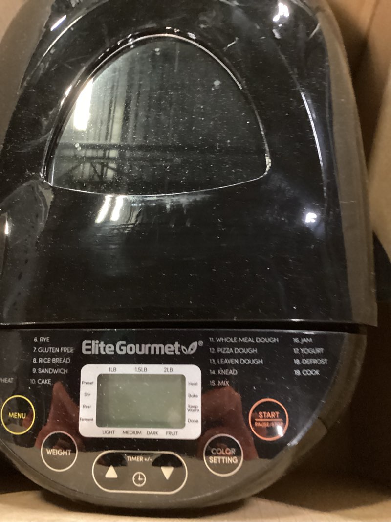 Condition photo showing Good Condition for elite gourmet programmable bread maker, 2 lb loaf, 3 sizes, 19 presets incl. gluten-free, dough & jam, delay timer, black