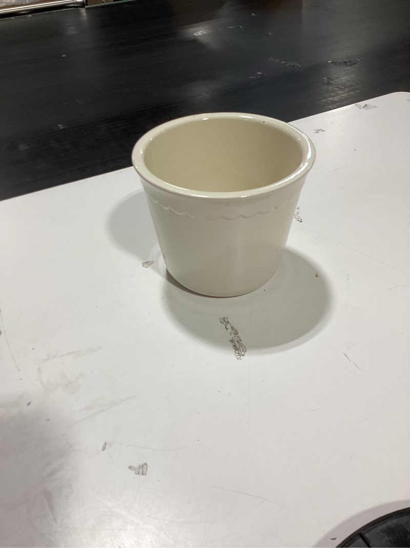 Condition photo showing As Is for allen + roth round 5.7-in w x 5.7-in l x 4.6-in h shiny cream ceramic indoor planter