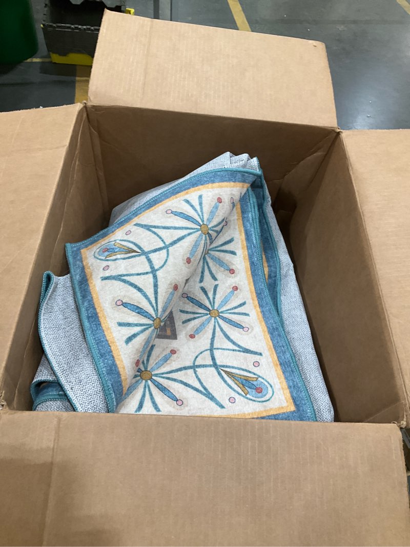 Condition photo showing Good Condition for hazo haus 6x9 blue floral rug for dining room table - area rugs for living room, bedroom, insect moth art nouveau décor, washable lightweight foldable non slip 6' x 9' (rectangular) blue
