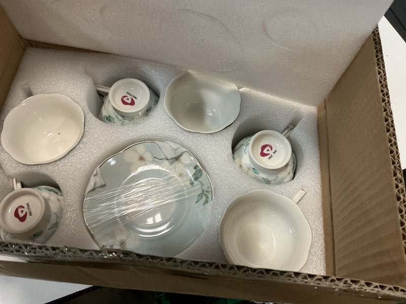 Condition photo showing Good Condition for porcelain tea cup and saucer set of 6 (12-piece) – ceramic 6oz embossed floral cups with gold trim, elegant set for afternoon tea & gifting light blue