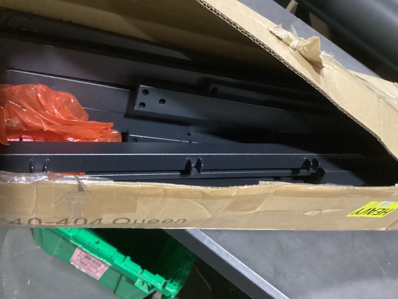 Condition photo showing As Is for 4 inch bed frame queen size low profile, queen bed frame no box spring needed, heavy duty metal, easy assembly, black queen 4 inch