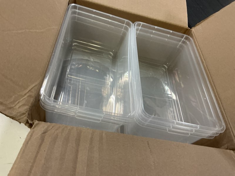 Condition photo showing Good Condition for IRIS USA 6-Pack Storage Bins with Lids, 6 Quart - Crystal Clear, Shoe Boxes Stackable Containers Organize Shoes Closet Shelves, Teacher Tools Classroom Organization, Game - BPA-Free Plastic 6 Qt. - 6 Pack