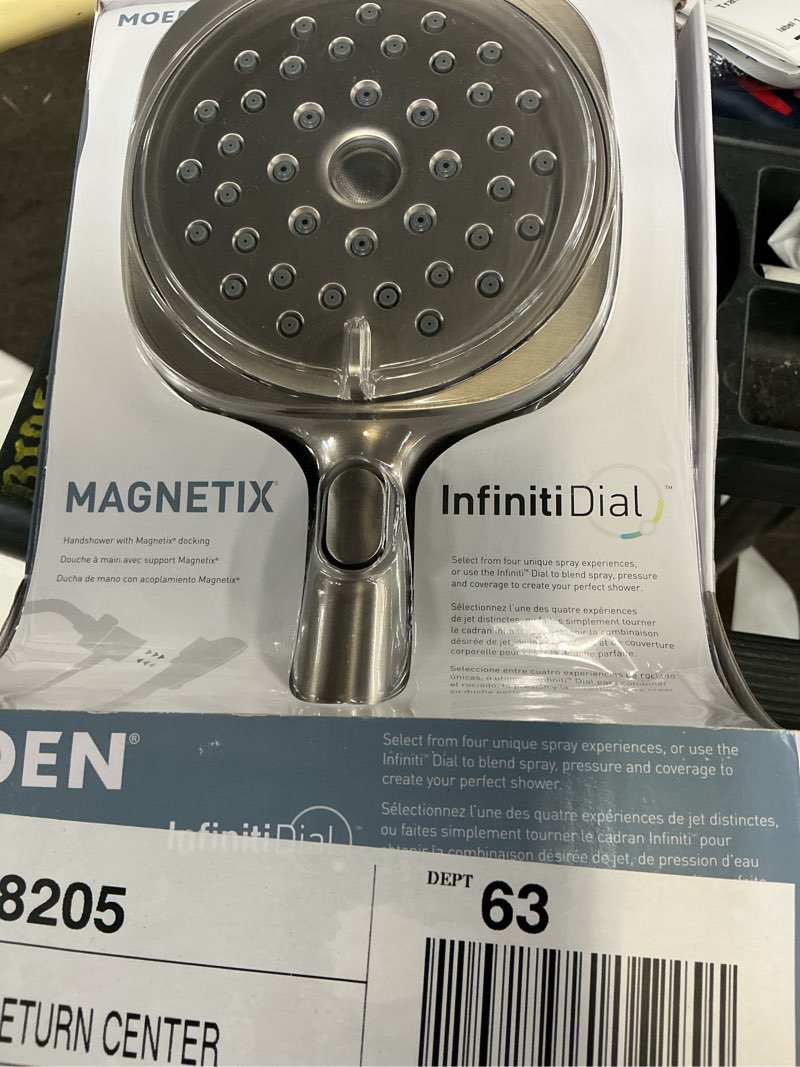 Condition photo showing As Is for moen verso 8-settings spot resist brushed nickel handheld shower head 1.75 gpm