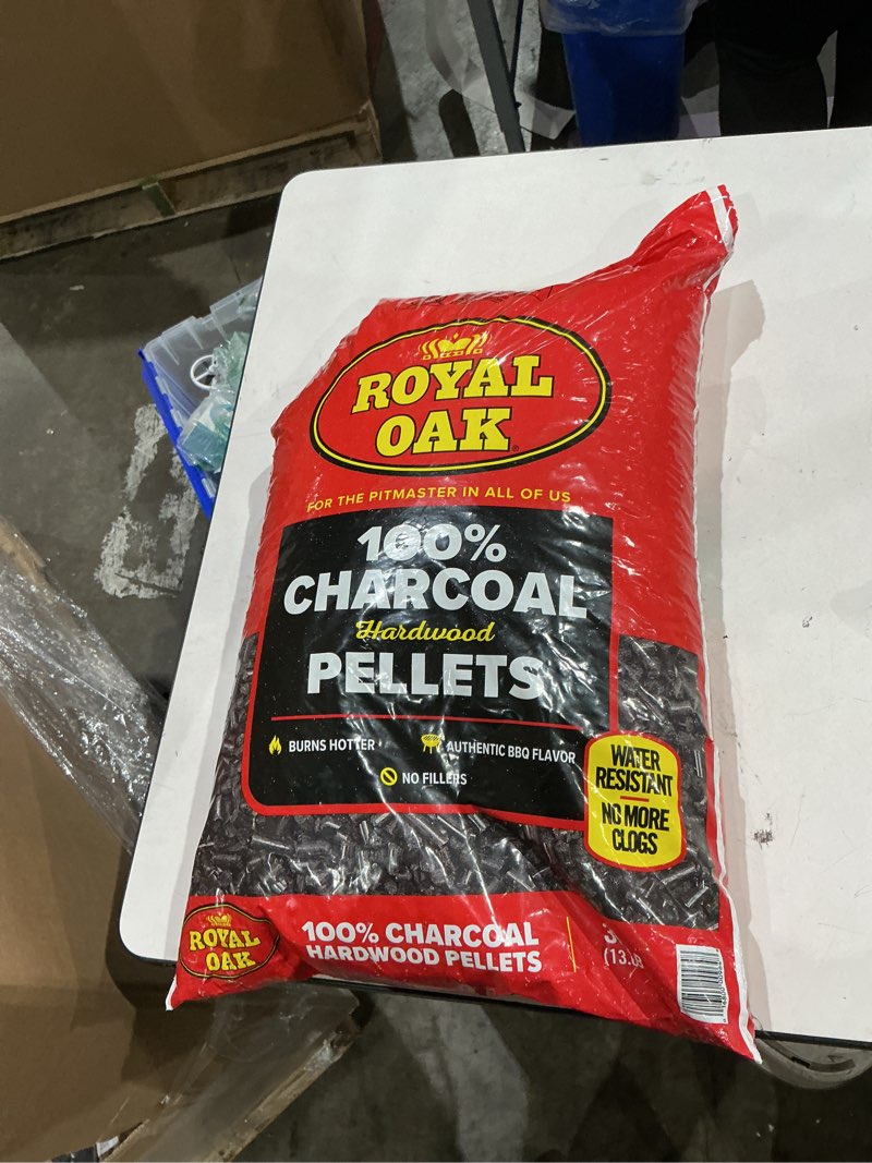 Condition photo showing New/Like New for royal oak 100 percent charcoal hardwood pellets for real bbq flavor, grilling and smoking, high heat, resists water, easy to clean, 30 pound bag charcoal pellets