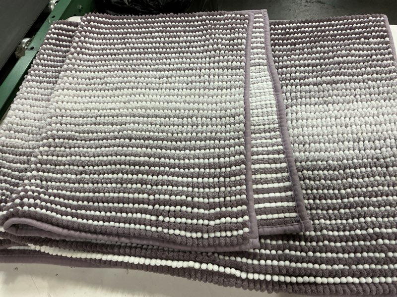Condition photo showing Good Condition for bathroom rugs and mats sets, 2 piece thick absorbent chenille bath mat rug set non slip, soft shaggy bath room floor mats for bathroom, machine washable (lavender purple, 20" x 60" plus 20" x 32") 20" x 60" plus 20" x 32" lavender purple