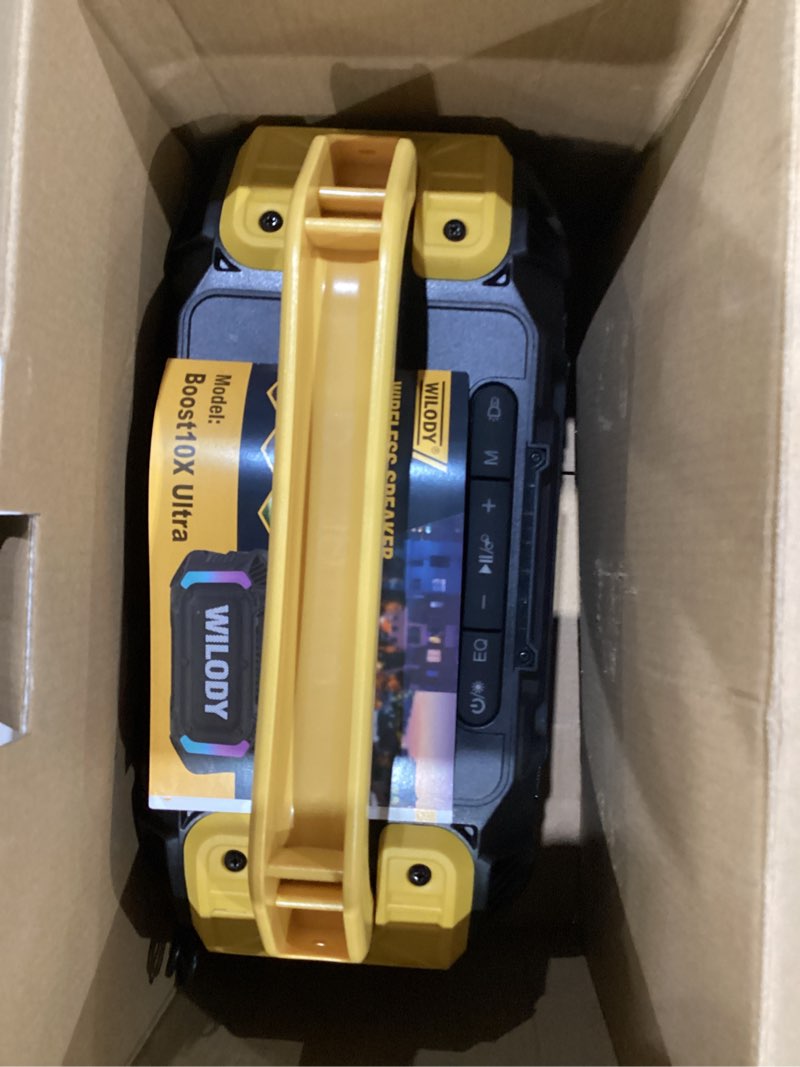 Condition photo showing New/Like New for Wilody Speakers Bluetooth Wireless, 100W Loud Outdoor Speaker with Bass, IPX7 Waterproof Floatable, 20H Playtime, Wireless Charge, TWS, RGB Light, Portable Speaker for Work, Garage, Outdoor (Yellow) Large Yellow