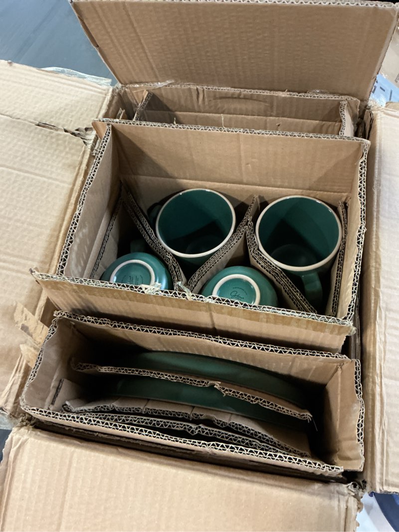 Condition photo showing New/Like New for gibson home zuma 16 piece round kitchen dinnerware set, dishes, plates, bowls, mugs, service for 4, matte stoneware, green service for four (16pcs) green