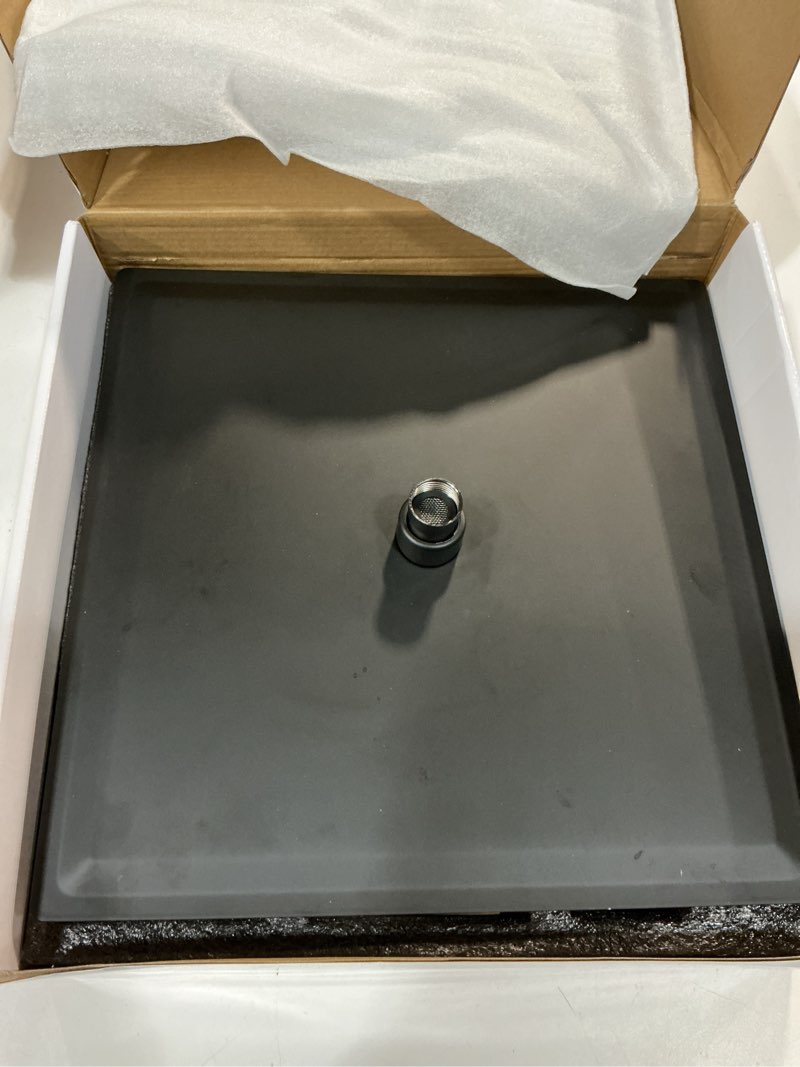 Condition photo showing As Is for all metal 12'' rain/rainfall shower head with handheld spray combo, high pressure square shower head with 13'' extension arm, dual black shower heads with 78'' hose, waterfall showerhead, bellearly 12 inch all metal#black