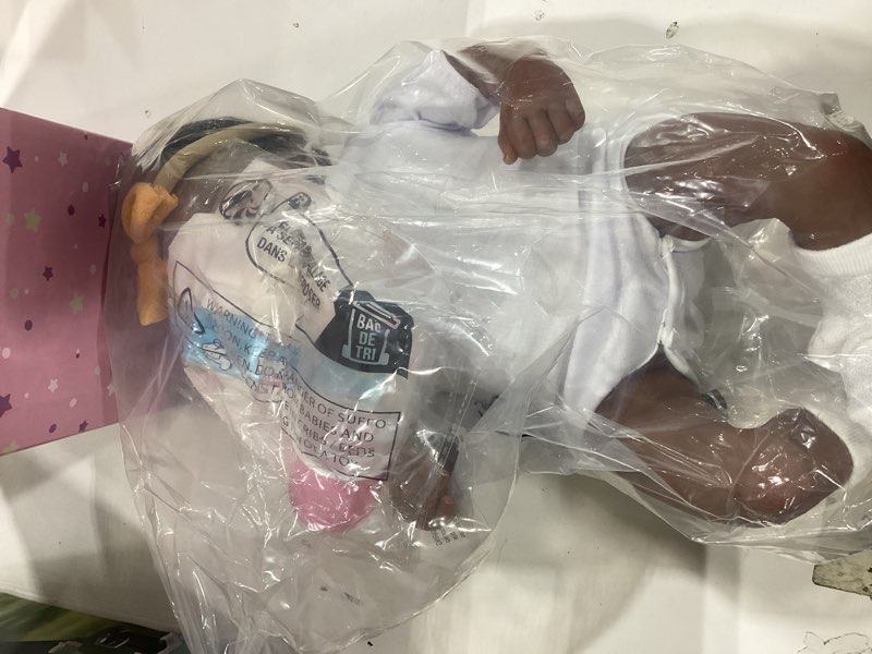 Condition photo showing As Is for reborn baby doll black girl reborn toddler doll silicone 19 inch realistic newborn girl brown skin soft cloth body real african american baby dolls with hair gift box toy set for kids age 3+