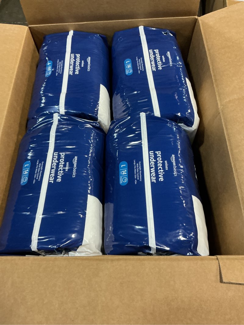 Condition photo showing New/Like New for amazon basics unisex protective underwear with odor control, overnight absorbency, large, 56 count (4 packs of 14) large 56.0