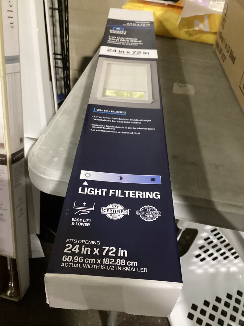 Condition photo showing Good Condition for similar to stock brand.. lotus & windoware cordless mini blind, 1\" vinyl slats, 24\" wide x 72\" long - white, window blinds for home and office, interior door blinds - light filtering 24\"w x 72\"h white