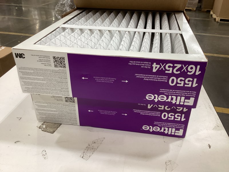 Condition photo showing As Is for filtrete 16x25x4 air filter merv 12, mpr 1550 certified asthma & allergy friendly 2-pack, fits lennox & honeywell, ac furnace hvac filters, pleated electrostatic (actual size 15.88x24.56x4.31 in)
