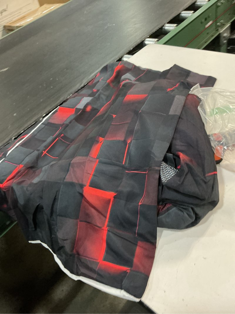 Condition photo showing Good Condition for nttopship neon red black comforter set full geometric kids bedding set,3 pcs geometry honeycomb bed set modern quilt set 1 comforter 2 pillow cases cool room decor all season b-side black red full