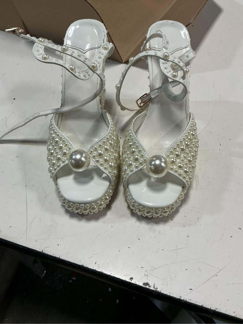 Condition photo showing Good Condition for (size 38)goolita womens open toe pearl platform heels for women chunky buckle ankle strap wedding heeled sandals dress evening bride bridal shoes 8 white