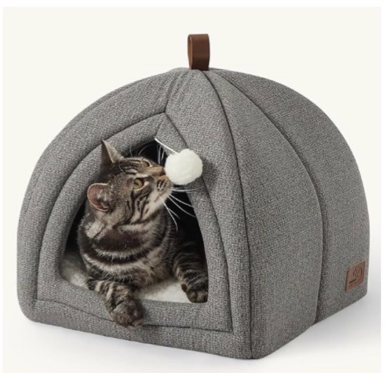 bedsure cat beds for indoor cats - 2 in 1 cat cave house tent for kittens and small pets with removable washable cushioned pillow, foldable kitten hideaway with non-slip bottom, grey, 16 inches