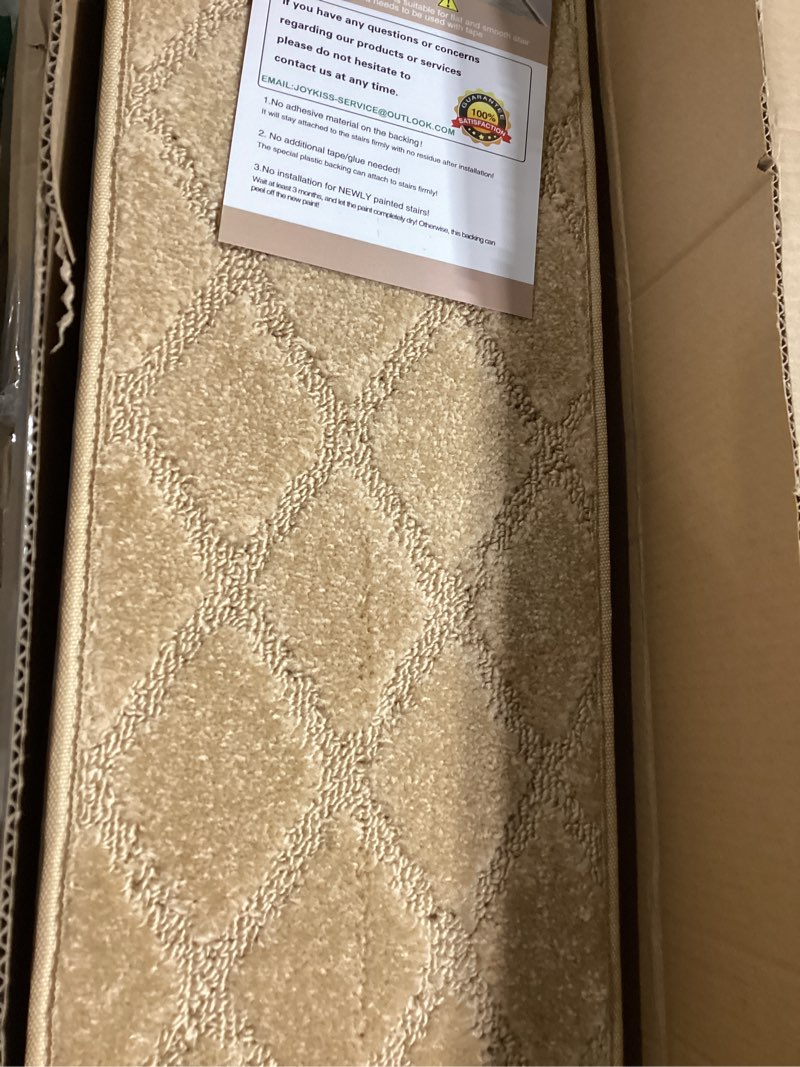 Condition photo showing Good Condition for 9"x30" stair treads for wooden steps indoor, 15 pcs non slip peel and stick carpet stair treads, washable & reusable self adhesive stair runner rug for kids elders pets - beige 9"x30" beige 15