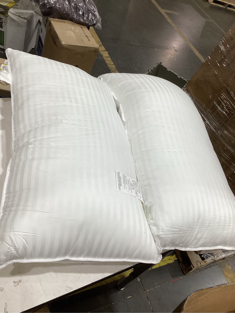 Condition photo showing As Is for calvin klein hotel collection bed pillows queen size set of 2, medium firm | 400 thread count damask stripe 100% cotton cover, down alternative gusseted pillow for back, side & stomach sleepers, white white firm queen(set of 2)