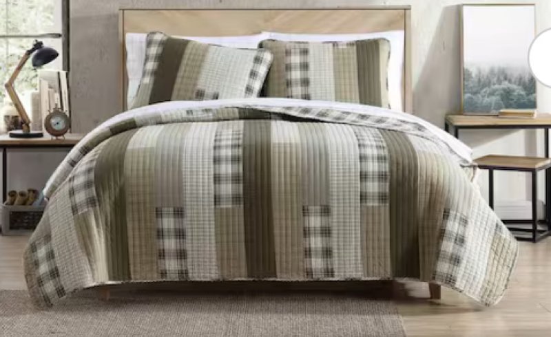 Fairview 3-Piece Beige Plaid Cotton Full/Queen Quilt Set