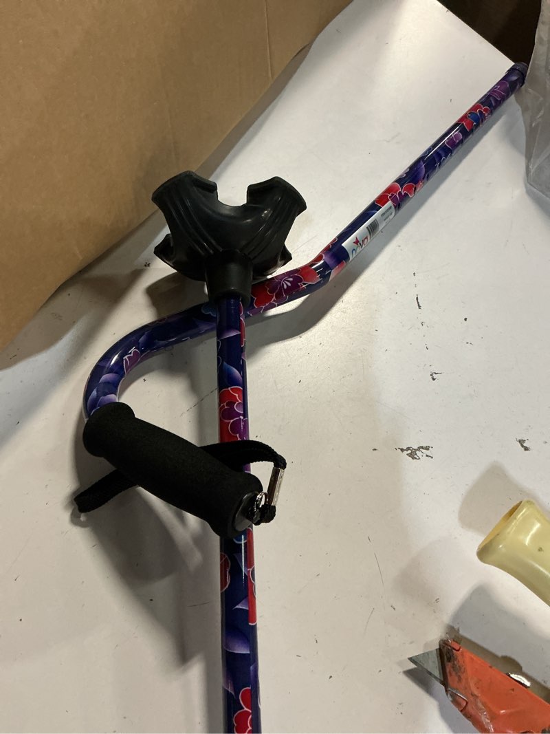 Condition photo showing Good Condition for nova joy designer offset quad cane for seniors - unisex adjustable lightweight walking aid with foam handle, wrist strap and anti-rattle lock - essential mobility support - maui flowers