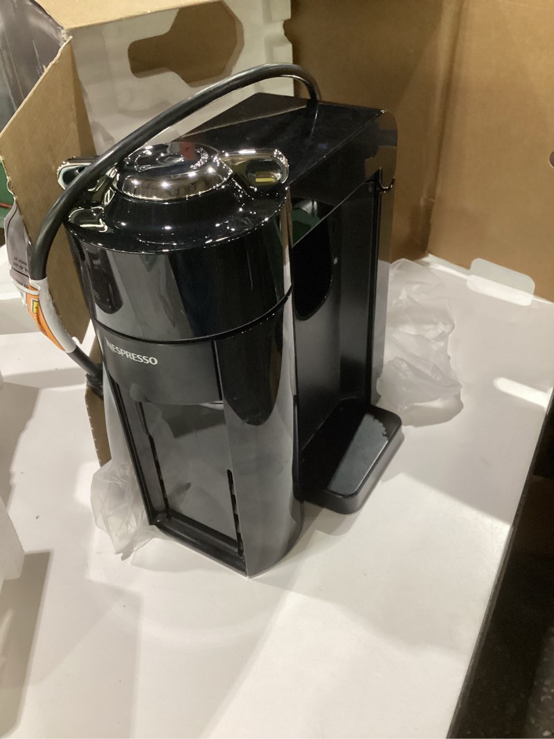 Condition photo showing As Is for nespresso vertuo coffee and espresso maker by de'longhi, piano black with aeroccino milk frother machine + frother black, not tested, incomplete
