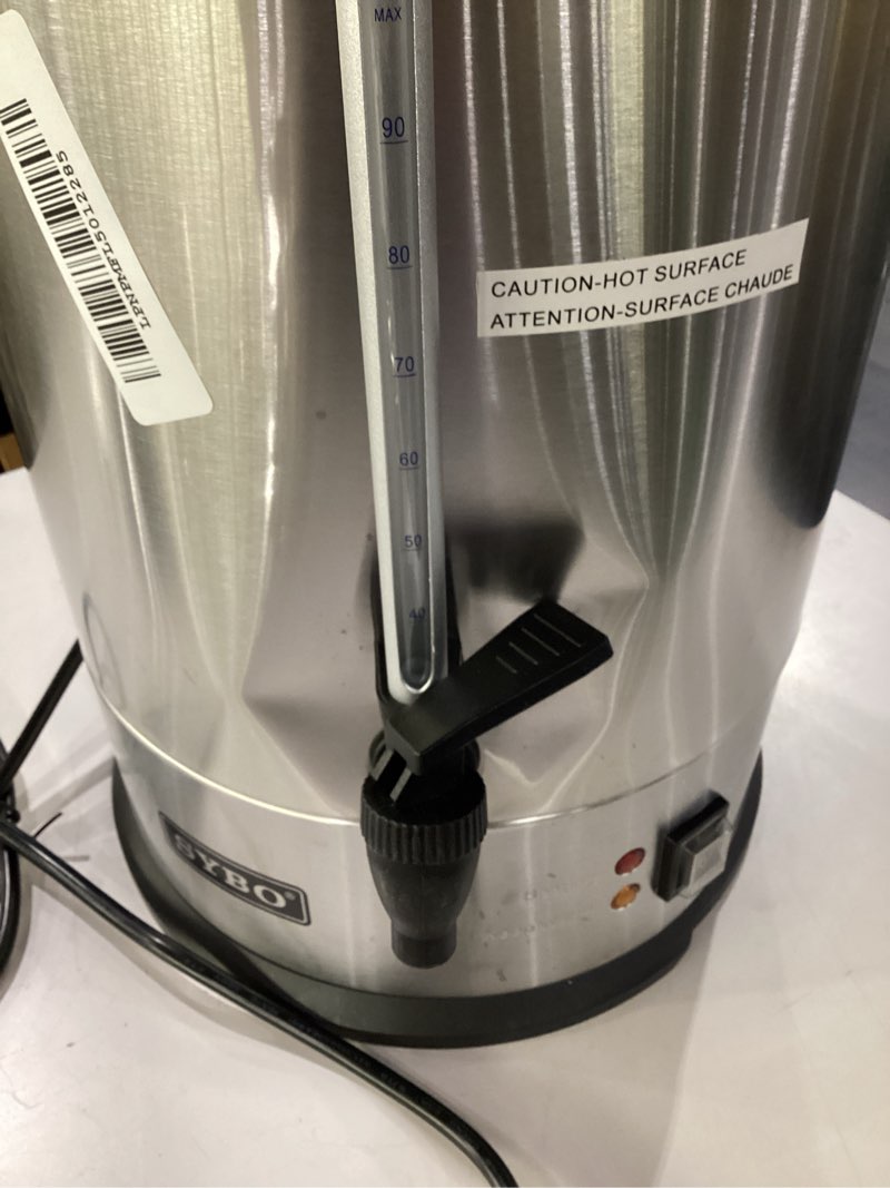 Condition photo showing As Is for **untested** sybo sr-cp-100b commercial grade stainless steel percolate coffee maker hot water urn for catering, 100-cup 16 l, metallic 16l metallic