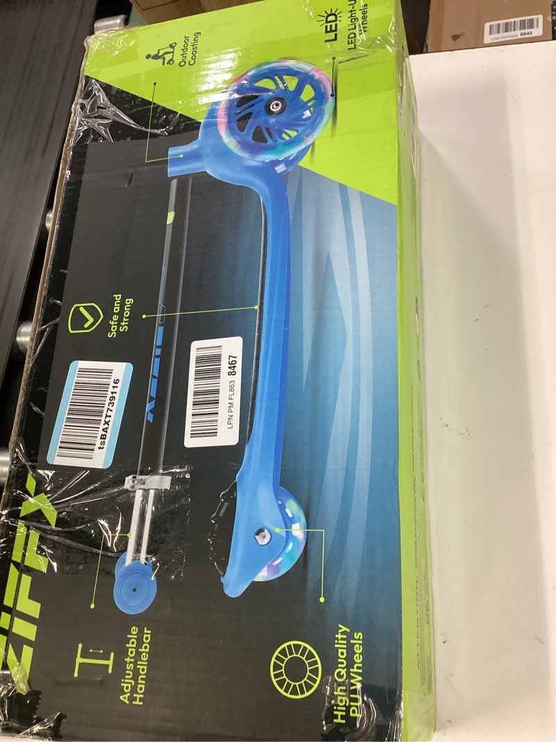 Condition photo showing New/Like New for jova ziffy multicolor 3 wheel scooter for kids 3-5, toddler kick scooters with led light-up wheels for boys and girls, 5 adjustable height and lean-to-steer design, support up to 110 lbs blue