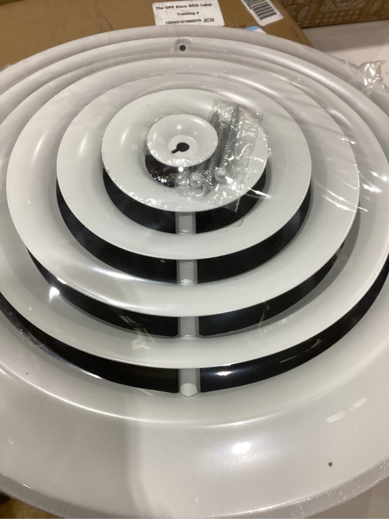 Condition photo showing New/Like New for Fits 10 Inch Neck Air Duct | Steel Round Air Supply Diffuser for Ceiling by Handua | 10" Neck Steel Butterfly Damper&Handle Included | Round Diffuser Vent Cover | White | Outer Dimension: 13-15/16" 1 10" Neck