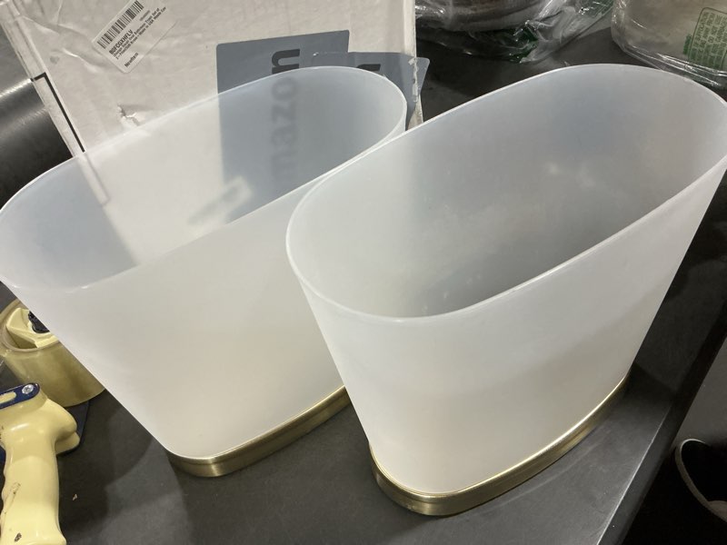 Condition photo showing Good Condition for idesign slim bathroom trash can, small plastic garbage can for bedroom, office, desk, or dorm, frost/brushed nickel frost/brushed nickel pack of 1