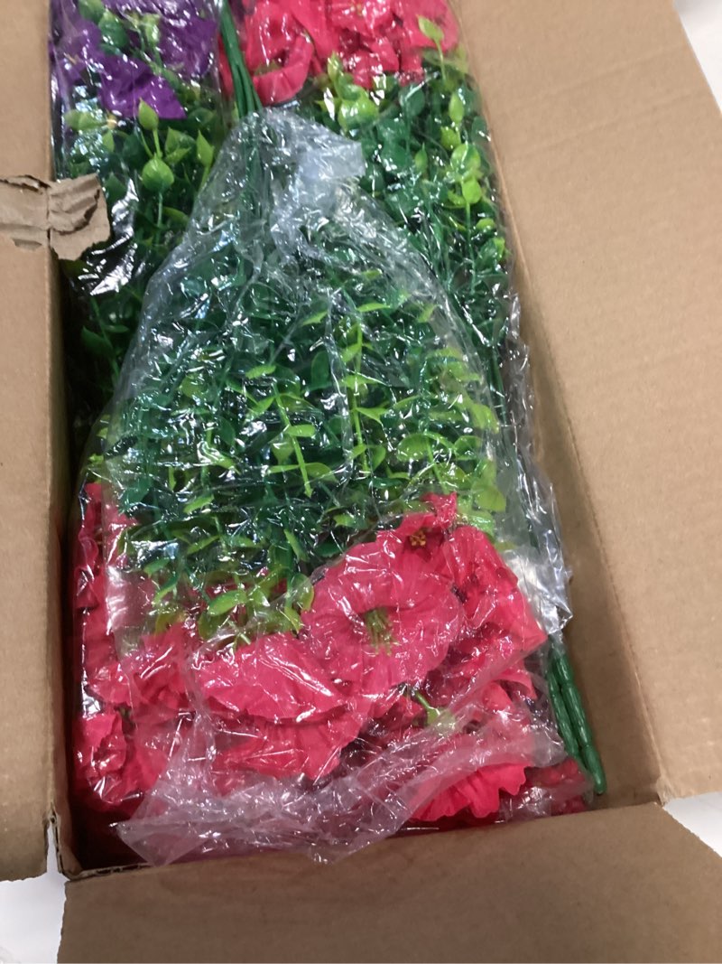 Condition photo showing Good Condition for artificial flowers for outdoors, 26 bundles fake outdoor flowers, uv resistant artificial outdoor plants & flowers for decoration, colorful morning glory for garden porch yard patio, mixed color a purple, rose red, white & yellow 26 bundles