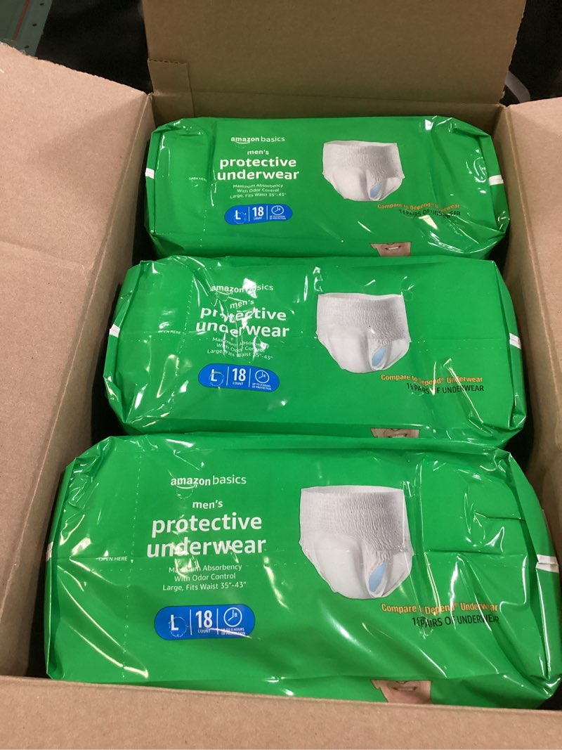 Condition photo showing New/Like New for Amazon Basics Incontinence Underwear for Men, Maximum Absorbency, Large, 54 Count (3 Packs of 18) Large 54.0