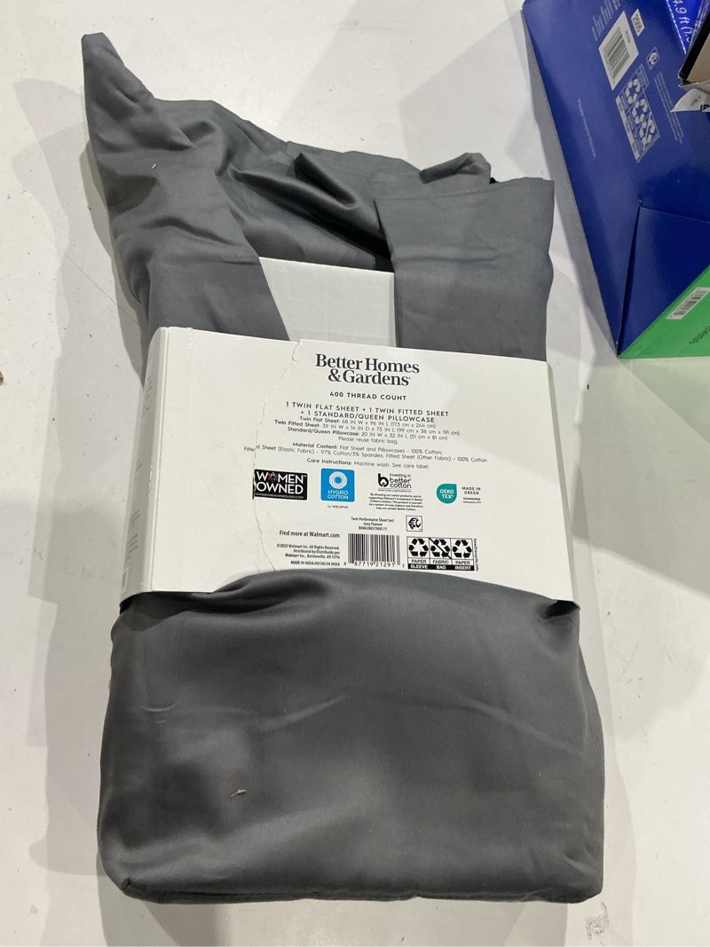 Condition photo showing Good Condition for better homes & gardens 3-piece 400 thread count grey performance bed sheet set  twin