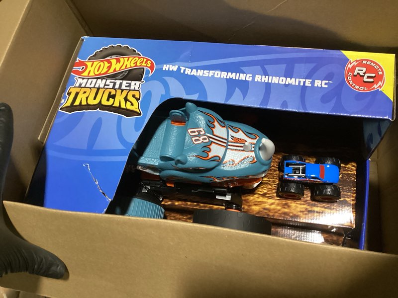 Condition photo showing Good Condition for Hot Wheels Monster Trucks RC Toy, Remote-Control Transforming Rhinomite in 1:12 Scale & 1:64 Scale Race Ace, Converts into Launcher, Connects to Track
