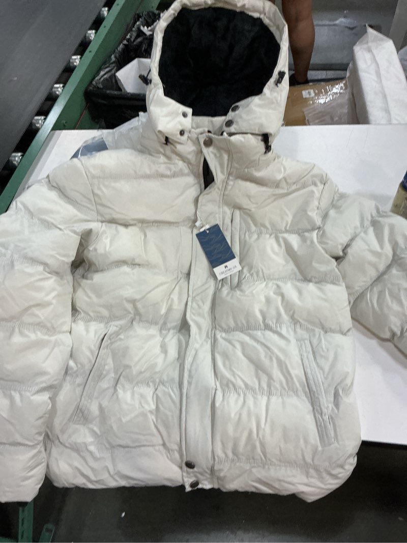 Condition photo showing New/Like New for ((size l))zyia active white aspen puffer jacket women’s medium with removable hood