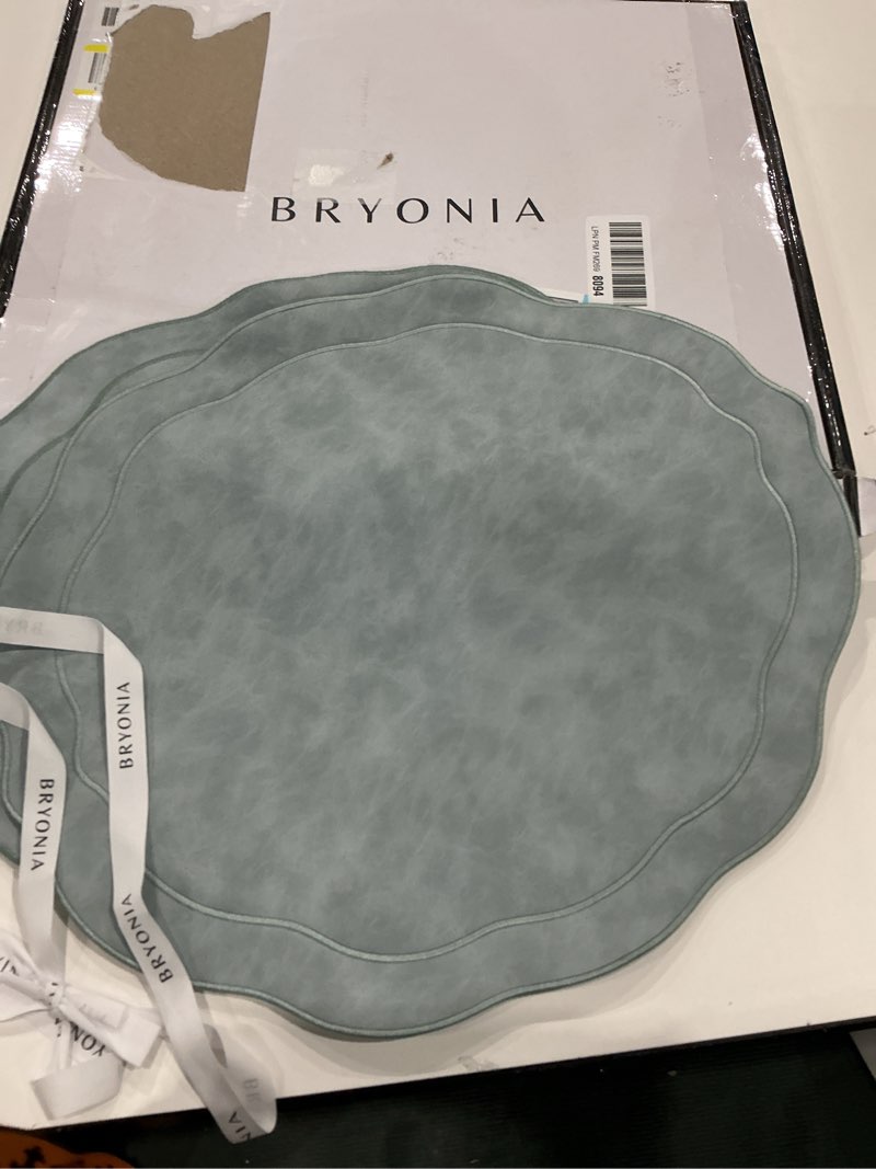 Condition photo showing Good Condition for embroidered scalloped faux leather placemats set of 4 - earth tone, soft, wipeable luxury dinner table mats for dining & wedding, gift for mom, 17.25" x 15", light blue gray