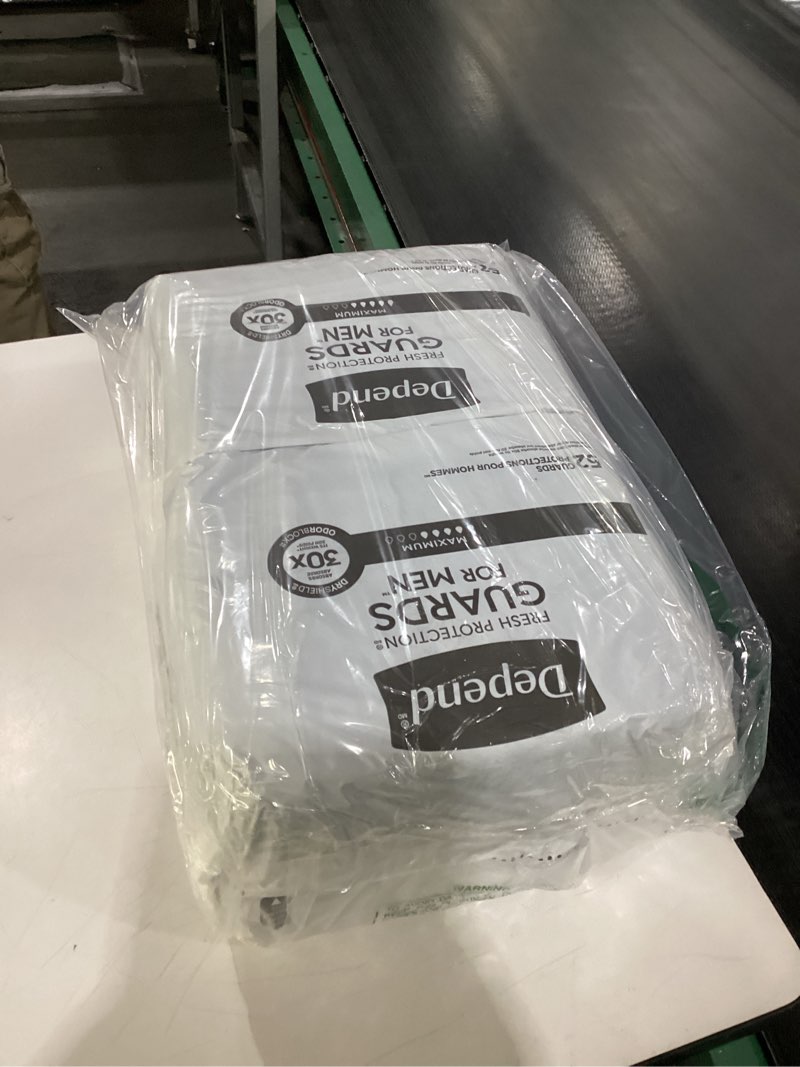 Condition photo showing As Is for Depend Guards Incontinence Pads for Men, Maximum Absorbency, 104 Count (2 Packs of 52), Packaging May Vary