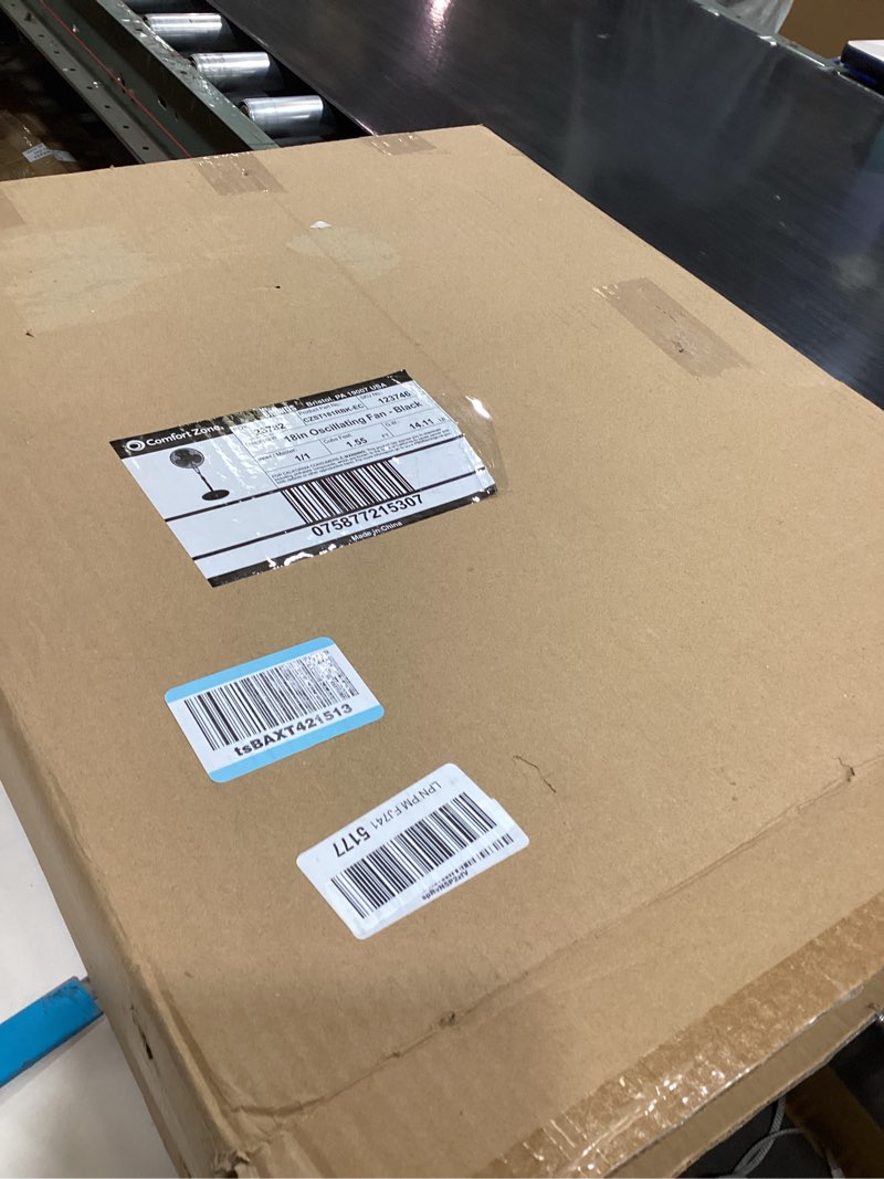 Condition photo showing As Is for Comfort Zone Oscillating Pedestal Fan with Remote Control, Stand Fan, 18 inch, 3 Speed, Adjustable Height & Tilt, & Timer, Auto Shutoff, Ideal for Home, Bedroom & Office, Airflow 17 ft/sec, CZST181RBK