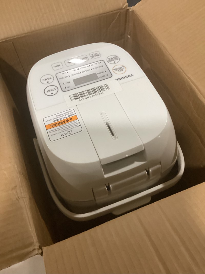 Condition photo showing Good Condition for Toshiba Mini Rice Cooker, 3 Cups Uncooked Small Rice Cooker, Steamer & Warmer, With Fuzzy Logic And One-Touch Cooking, 24 Hour Delay Timer And Auto Keep Warm Feature, White