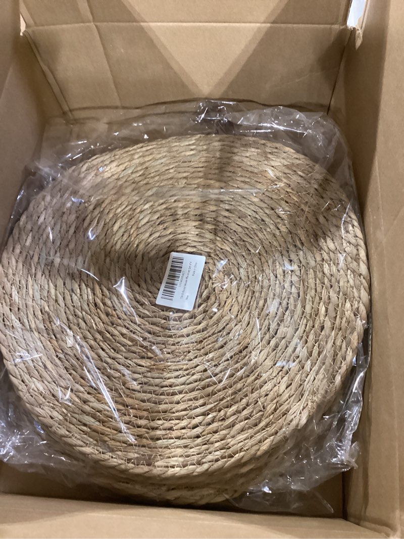 Condition photo showing Good Condition for 15 inch round woven placemats set of 4, boho rattan natural hand-woven water hyacinth placemats, chargers for dinner plates, farmhouse weave place mats, rustic wicker table mats decor for home,wedding 15 inch-standard 4