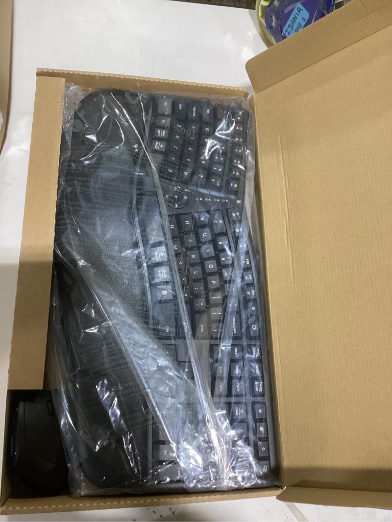 Condition photo showing New/Like New for meetion ergonomic keyboard and mouse, wireless keyboard with vertical mouse, split curved keyboard with wrist rest, natural typing usb receiver rechargeable full size, windows/mac/pc/laptop, large large black