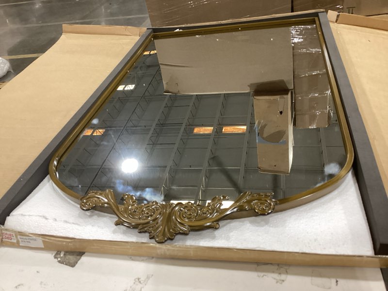 Condition photo showing Good Condition for ornate baroque vintage gold mirror - 24"x36" arched antique brass mirror with full metal frame - perfect for entryway, fireplace, living room, hallway, or bathroom décor