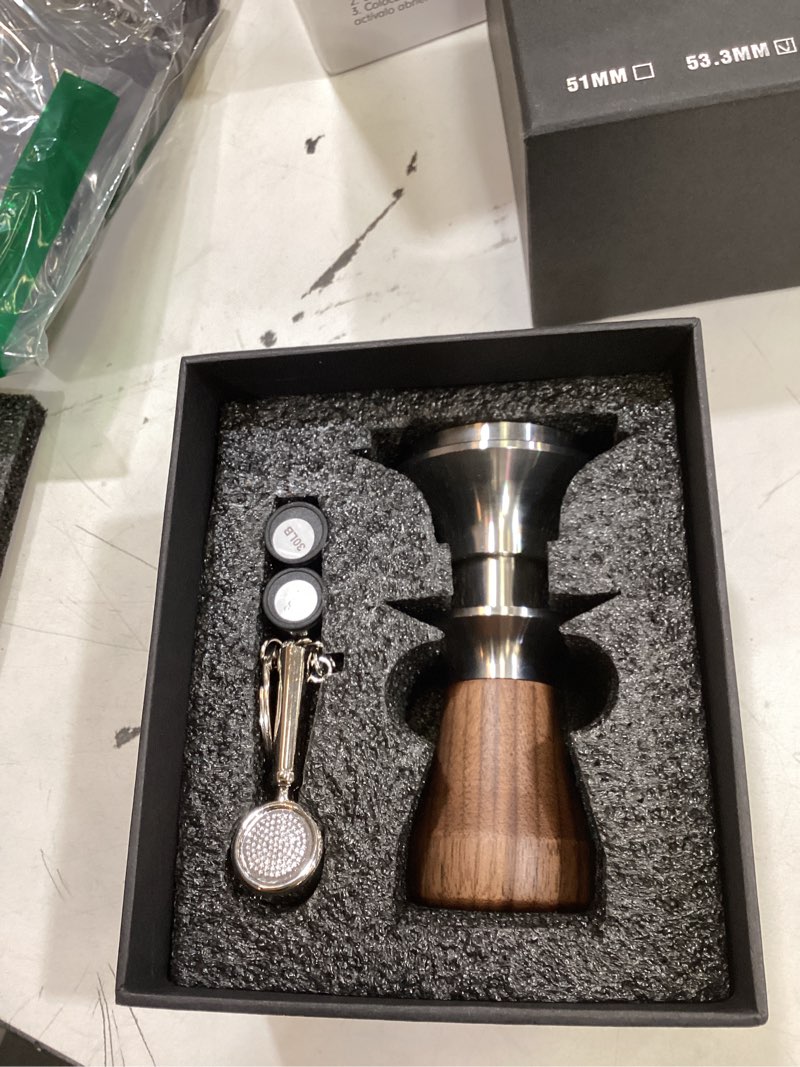Condition photo showing New/Like New for 54mm espresso tamper for breville machines calibrated tamper tool espresso walnut, self leveling and 30lb spring loaded design coffee tamper with stainless steel 53.35mm ripple base