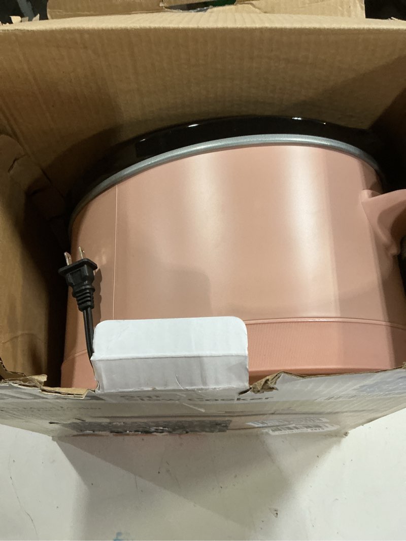 Condition photo showing Good Condition for bella 6.0 qt manual slow cooker, ceramic nonstick coating, 3 temperature settings, dishwasher safe stoneware pot and tempered glass lid, cool touch handles & tangle free cord wrap, blossom