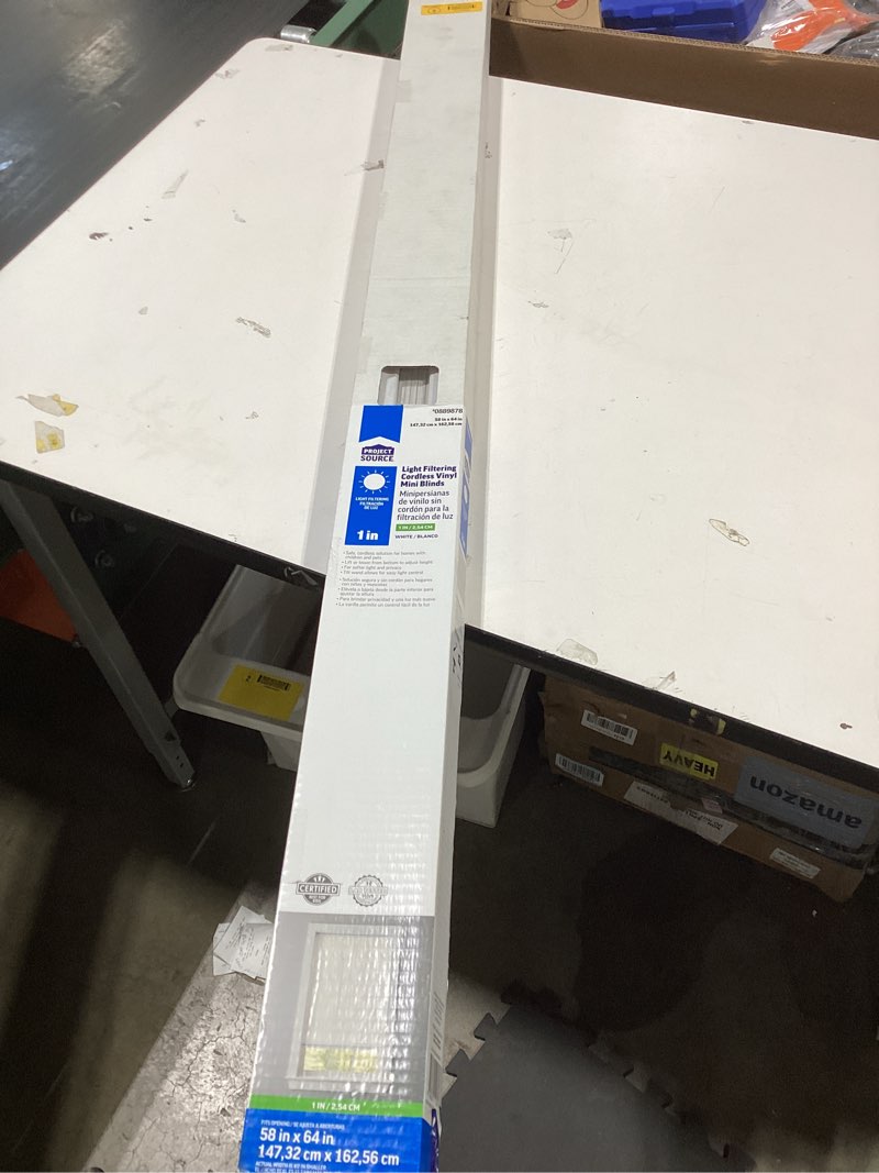 Condition photo showing As Is for project source 1-in slat width 35-in x 64-in cordless white vinyl light filtering mini-blinds