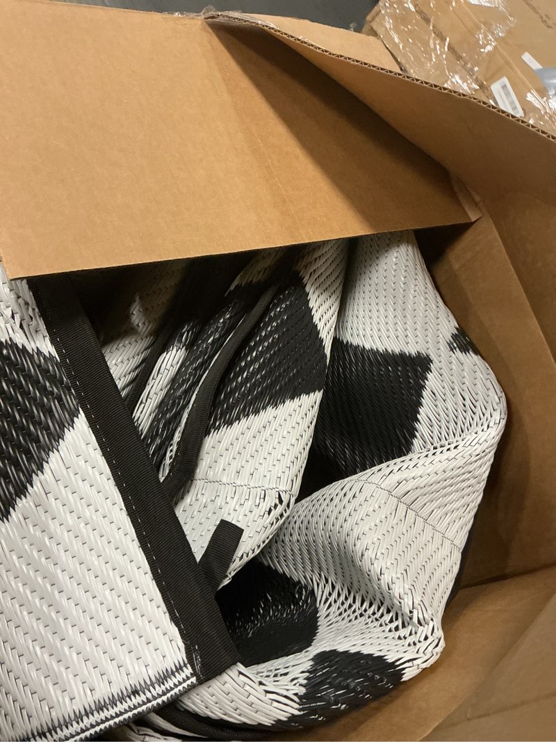 Condition photo showing As Is for GlowSol Outdoor Rug 8x10 Waterproof Outdoor Plastic Straw Rug for Camping with Carry Bag, Reversible Easy Cleaning Checkered Floor Mat Outside Carpet for RV Patio Backyard Deck Picnic,Black/White Black/White 8' x 10' (Rectangular)