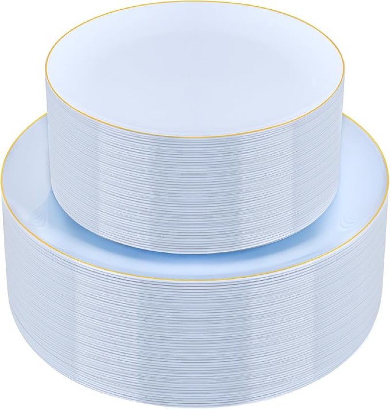 PULOTE 100PCS  white Plastic Plates Disposable - Premium Heavy Duty 50  white Dinner, 50 Dessert/Salad Plates - Ideal for Party, Graduation & Fathers Day