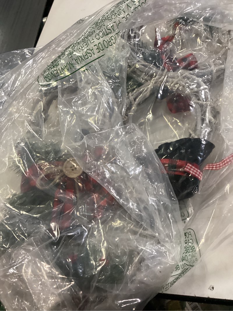 Condition photo showing As Is for Baquler 2 Pcs 16 x 8 Inch Christmas Wreath Decoration Hanging Lighted Grapevine Wreath Snowman Shape Christmas Door Wreath with Hat and Bow for Winter Garden Home Front Door Wall Indoor Outdoor Decor